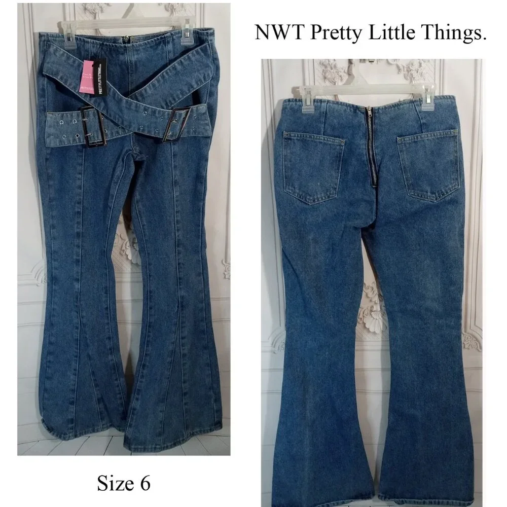 NWT Pretty Little Thing Shape Blue Denim Belted Flare Mid Rise Jeans Sz 6 - Picture 2 of 10